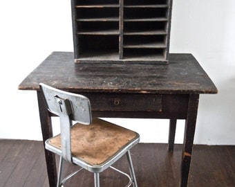 SALE // vintage black painted wood desk with drawer and mail sorter set