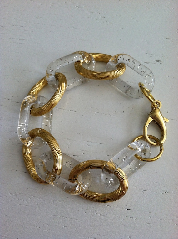 Clear lucite and glitter gold chain bracelet