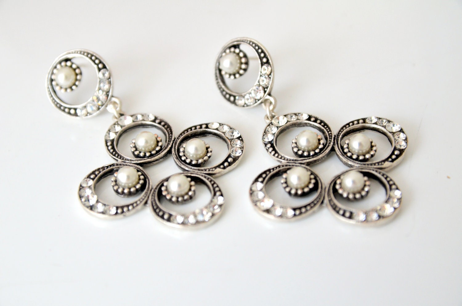 art deco clear crystal rhinestone pearl tibetan silver plated victorian style post earrings wedding jewelry bridal jewelry bridesmaid gifts
