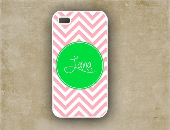 Personalized Iphone 5 cover Iphone 4s - Rose pink chevron with lime green - preppy chevron Iphone 5 case Iphone 4 plastic or silicone (9731)
