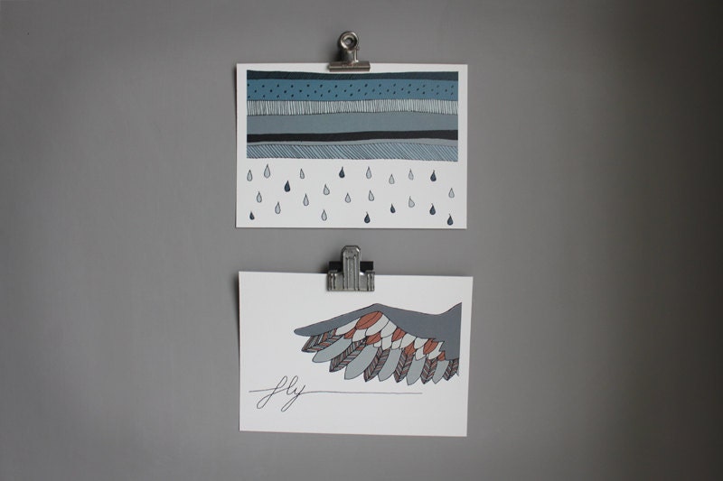 set of two 5 x 7 . prints . rain and wing . home decor . modern wall art .  bird . nature . instant collection . archival print .