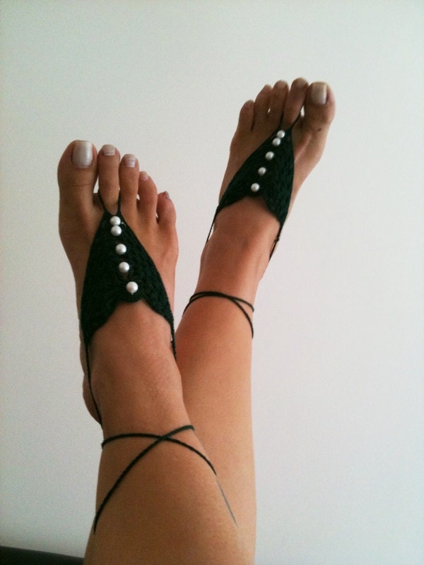 Dark green crochet with white beads Barefoot Sandals, Nude shoes, Foot jewelry, Wedding, Victorian Lace, Sexy, Lolita, Yoga, Anklet