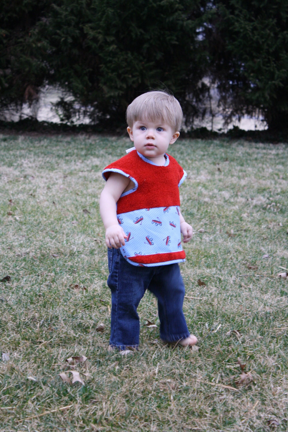 Custom Coverall Red Terry Cloth Bib w/ wagons