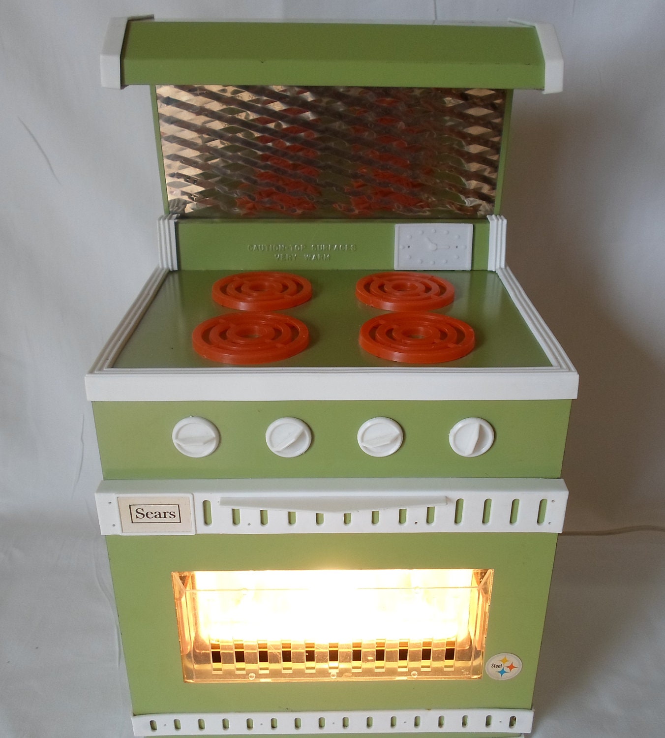 Vintage Sears Junior Chef Steel Stove with Stainless Backsplash and Hood Easy Bake Like Oven Avacado Green Orange White Childs Stove Toy