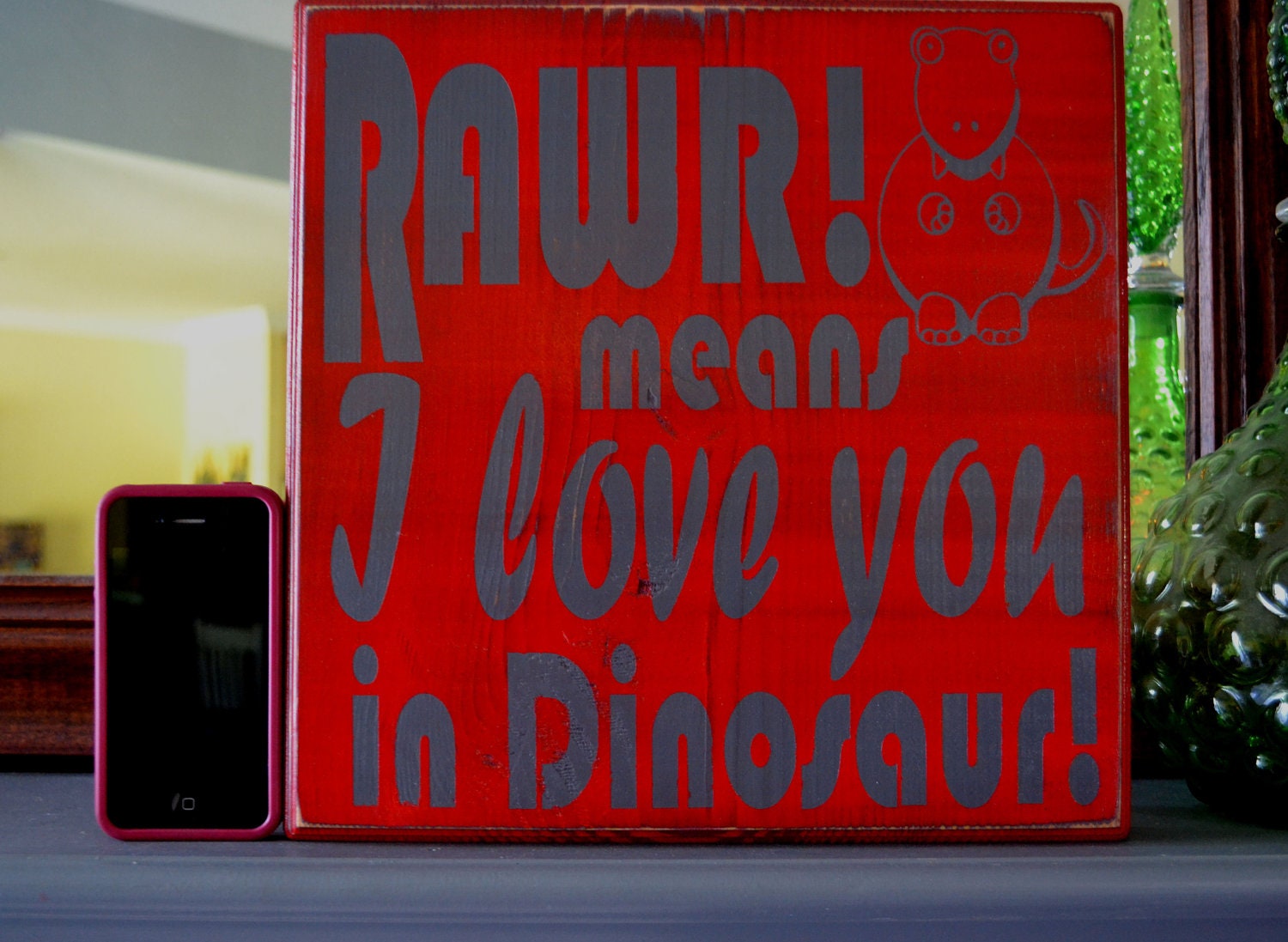 RAWR means I love you in Dinosaur Custom wood sign, wall art, home décor, Hand painted
