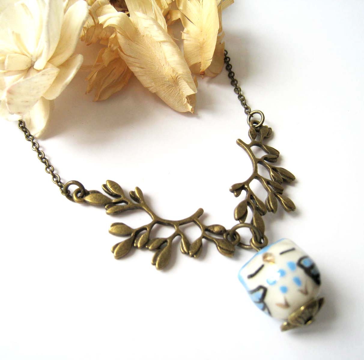 Antique Brass Leaf Branch Filigree with Pottery Porcelain Owl Necklace