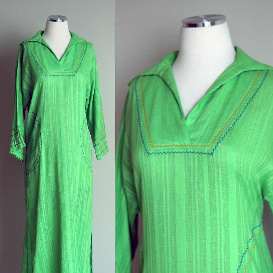 Vintage 1970s Green Beach / Swim Coverup - Boho Maxi Dress - Gold & Blue Zig Zag Stitch Detail - Size Small
