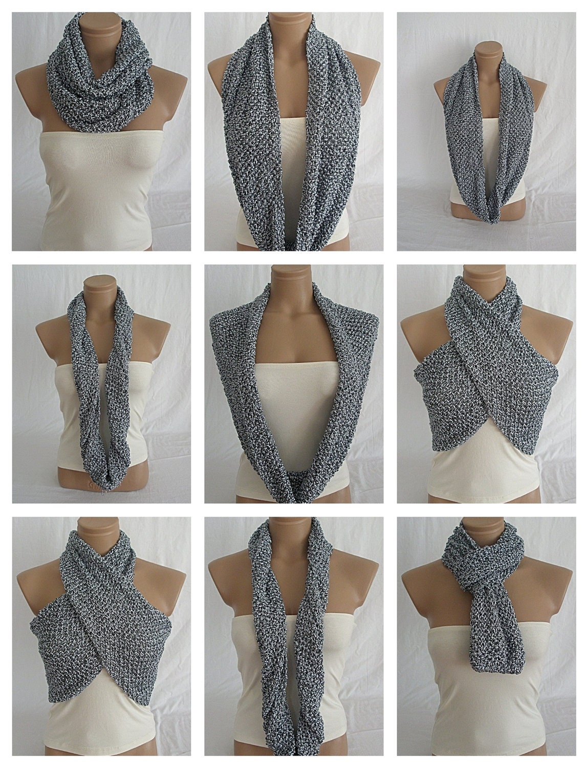 Knitted Silver Gray and Black Elegant Strechy Scarf by Arzu's Style