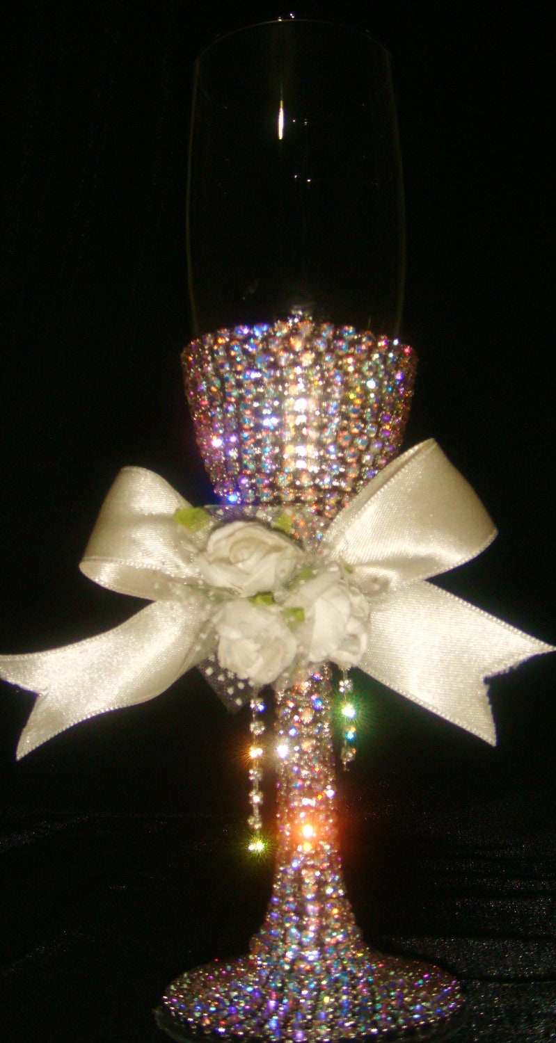 Custom designed handmade wedding flute with multicolor swarovski elements