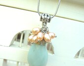 Amazonite Wire Wrapped Pendant with Coral Pearls and Silver Crystals Cluster Pendant Necklace