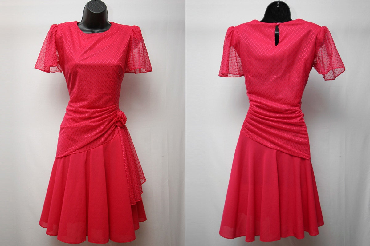 Womens 80s Retro Pink Dress Ladies Gathered Waist Vintage Party Homecoming Dress