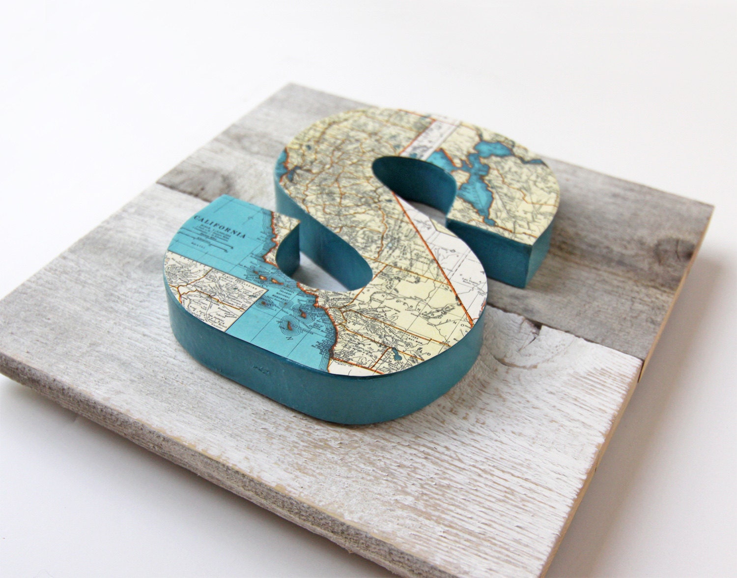 Vintage Map Letter S Monogram on Reclaimed Wood.