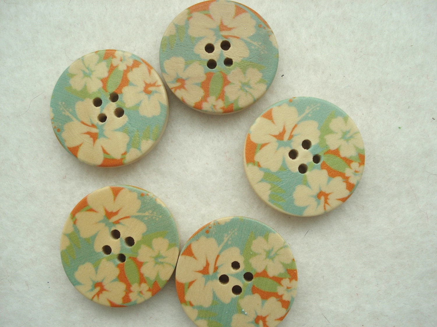 5 x 30mm Cream aqua and Orange Print Wooden Buttons