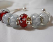 Red and White Lampwork European style beaded bracelet