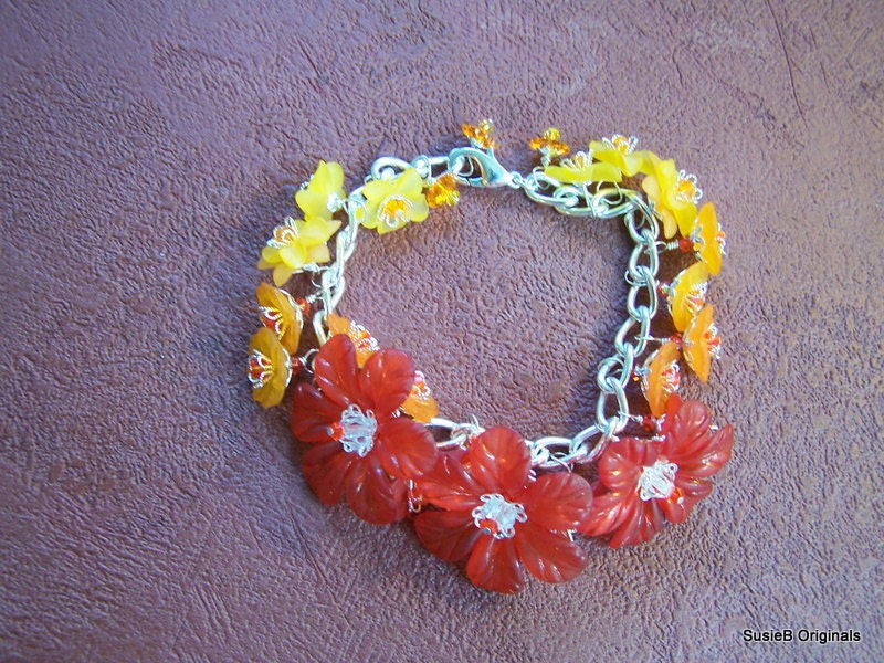 Bracelet Silver Chain Poppy Red Lemon Zest Nectarine Floral Lucite OOAK