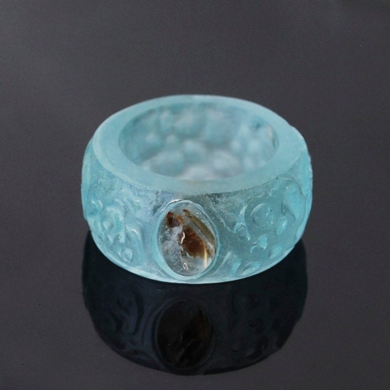 Aqua Eco-Friendly Resin Ring With Rutile Quartz Cabochon Gemstone, Resin Jewelry