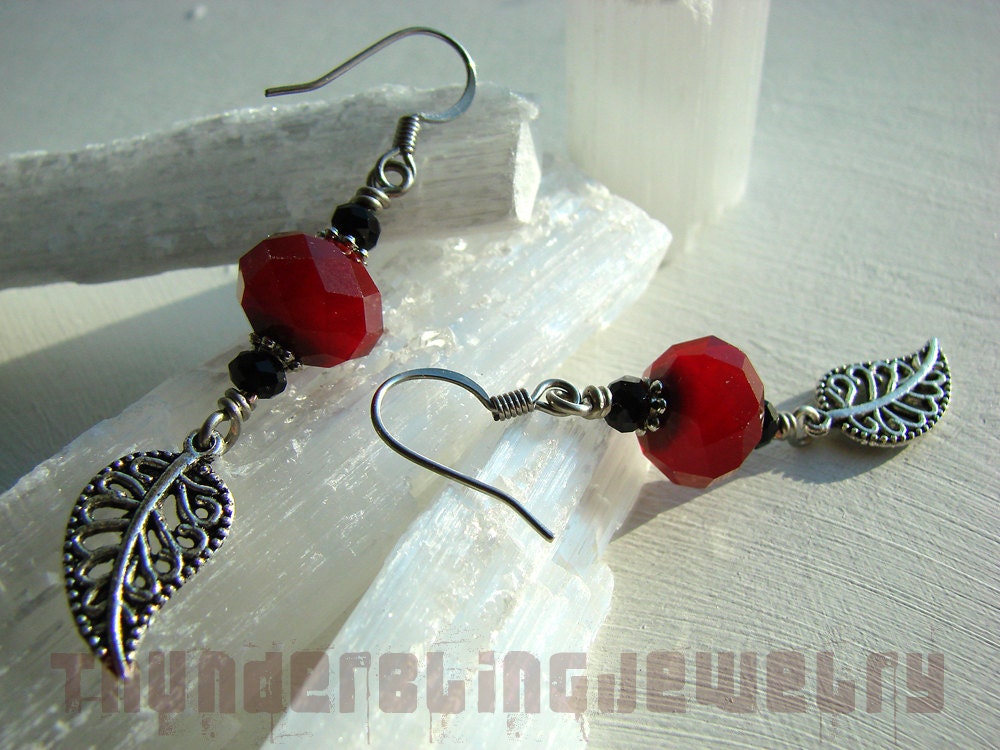 Red Crystal Leaf Earrings - Boho Burgundy Bling Dangles Wire-Wrapped with Silver Filigree Leaves - Handmade Jewelry