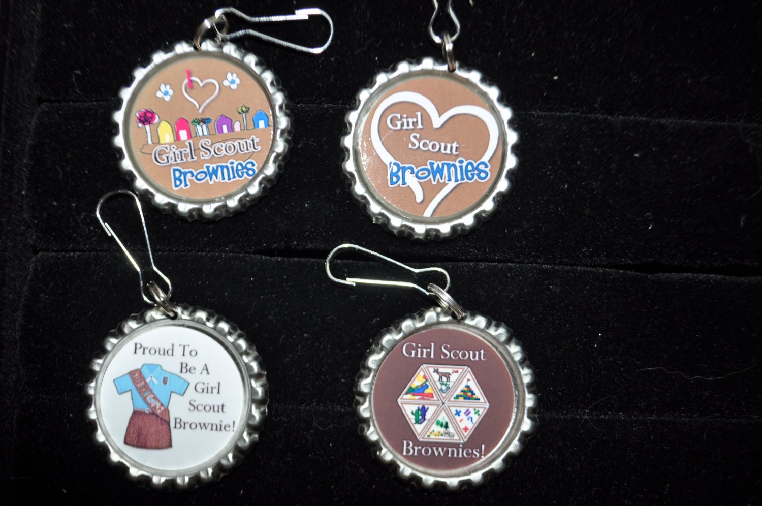 4 Girl Scout Brownie Necklaces, FINISHED or as CRAFT kit, Plain or GLITTER epoxy, brownie troop craft idea, Brownie badge idea