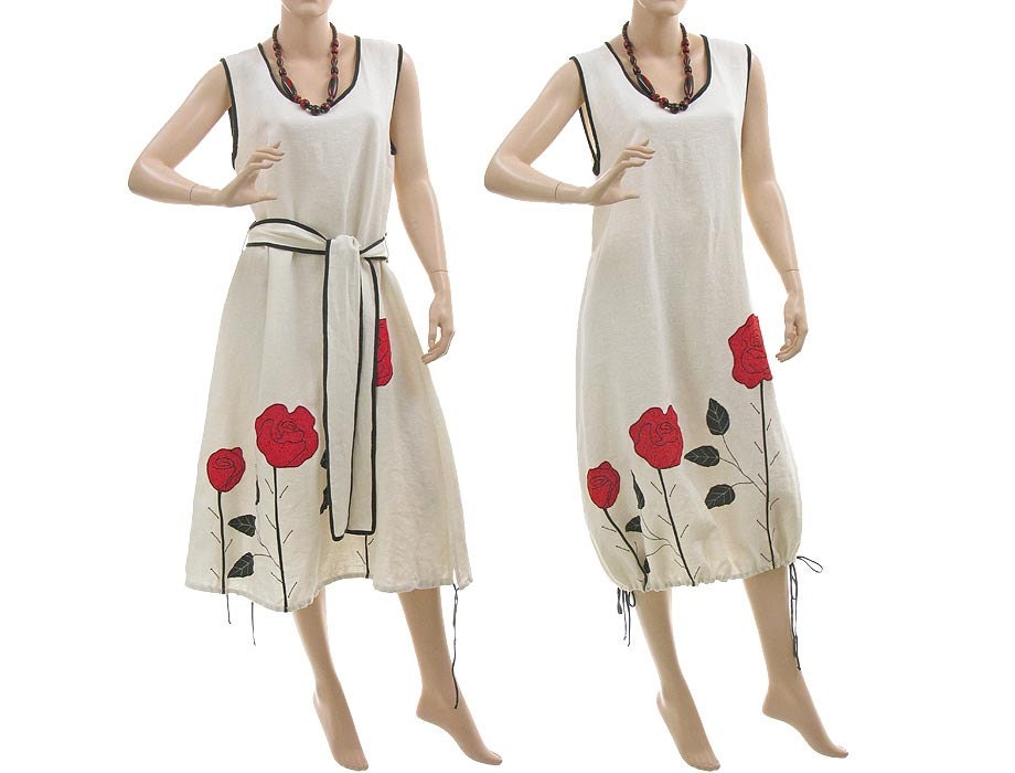 Linen dress flared hem or balloon shape  / lagenlook for medium or plus size women / size M-L /white with roses