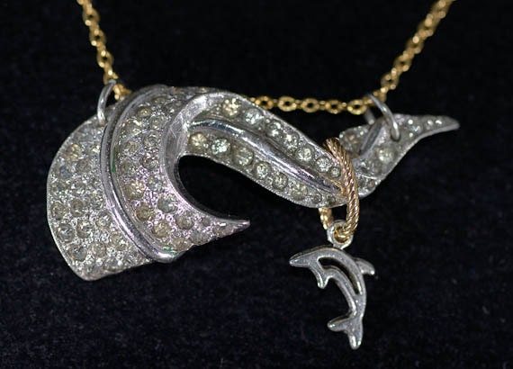 Surfer Girl The Wave Pendant Repurposed Art Deco Rhinestone 2-Tone NECKLACE with Dolphin