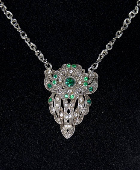 uPCycleD & RePurPoSed Vintage Art Nouveau Ornate Fur Clip NOW Statement Necklace Emerald Green Rhinestones OOAK Patone Color for 2013