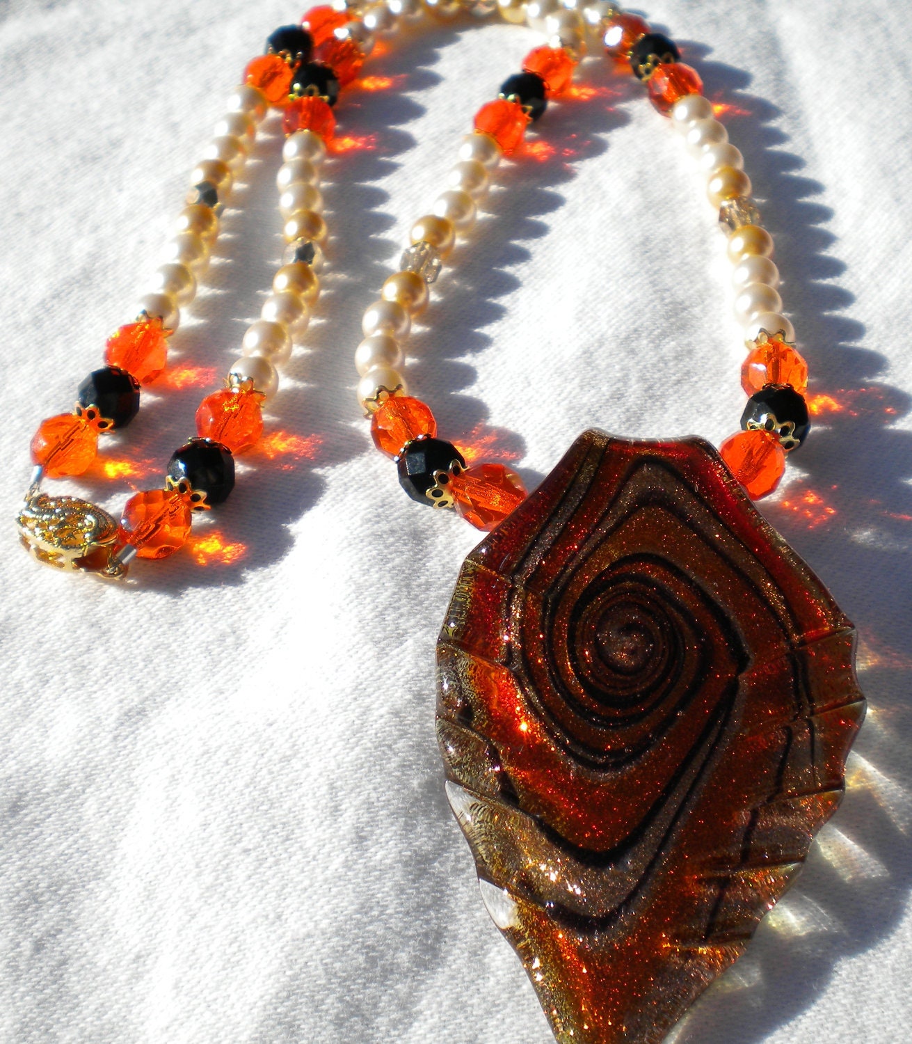 Autumn Fantasy Fashion Necklace- Orange black white and gold necklace- Nature Necklace- Fantasy Necklace- Fall Fashion Necklace