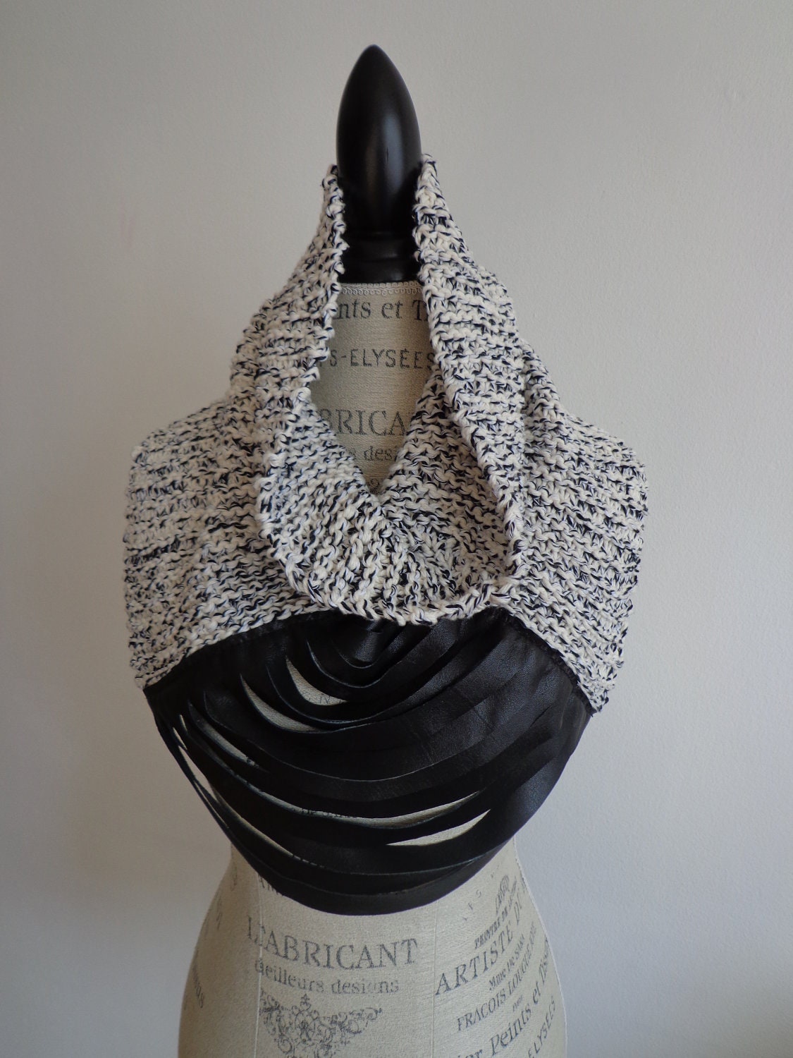 SALE  - Hand knit continuous scarf with real leather fringe