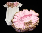 Little Miss Chloe Pink With Leopard Trimmed RUFFLES ALL AROUND Newborn Infant Toddlers Ruffle Bloomers Diaper Cover and Ruffle Onesie Set