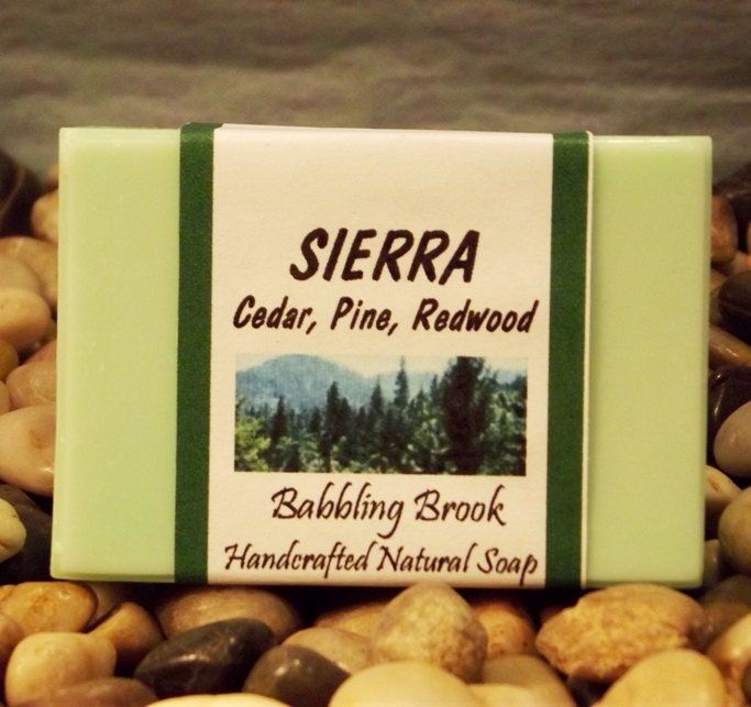 Sierra - handmade natural soap scented with cedar, pine, and redwood, the beautiful scents of California's majestic mountains.  Vegan