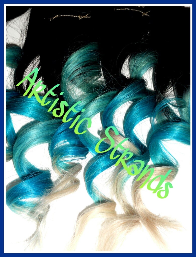 Blue / Turquoise / White Tips / Ombre Hair Extensions / Real Remy Hair / Large Piece Set / Dip Dyed