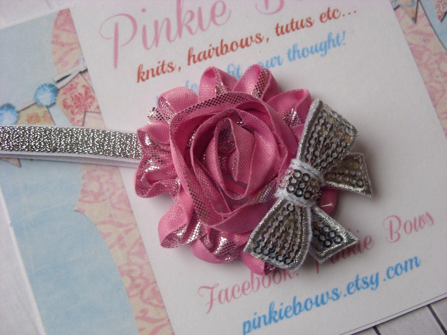 Pink Sparkle Single Shabby Chic/Silver Sequin Bow Headband/Photo Prop