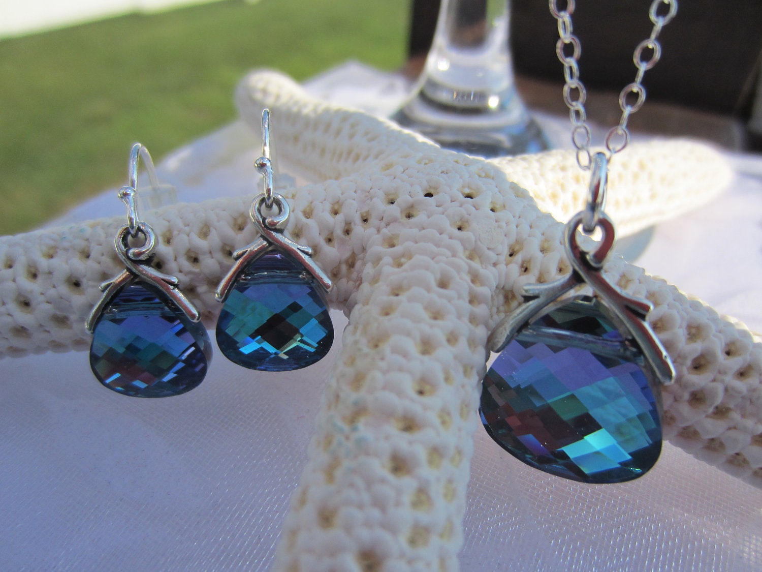 Swarovski Aqua Vitrail Light Flat Briolette Necklace and Earring Set-Bridesmaids Jewelry