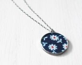 Daisy Necklace - 1940s floral fabric navy blue flowers resin charm on delicate sterling silver chain - vintage fabric jewelry