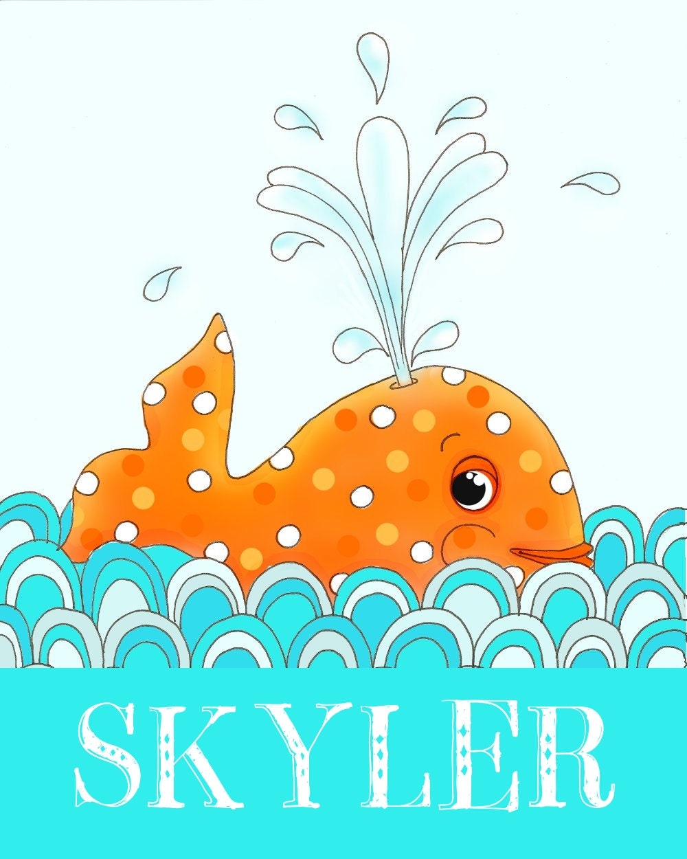 Orange Whale Nautical Ocean Kids Wall Art Personalized Children Decor 8x10 print boys nursery