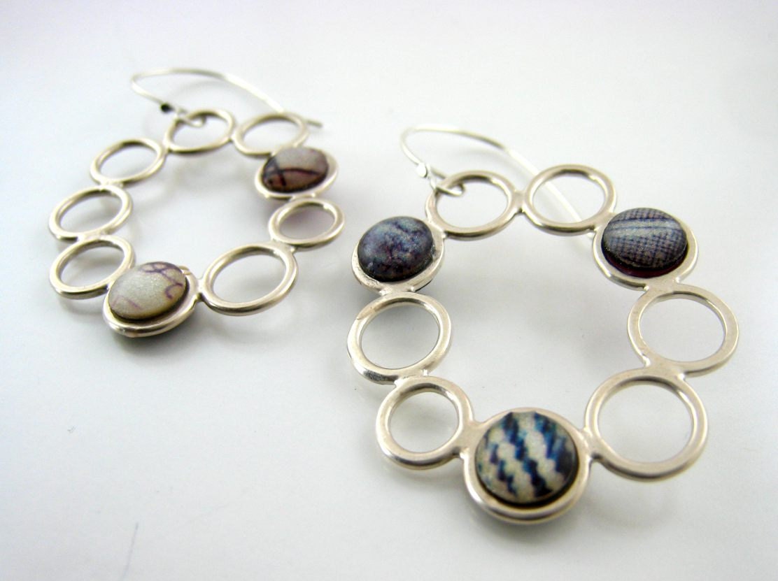 Silver circle dangle earrings with black and white photos, Unique handmade silver jewelry, art silver jewelry, polymer clay jewelry