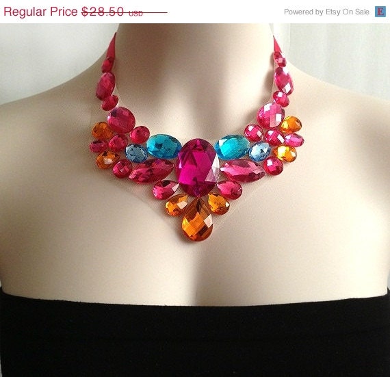 ON SALE bib necklace - hot pink, aquamarine, orange and fuchsia color rhinestone unique bib necklace prom, wedding, bridesmaids necklace NE