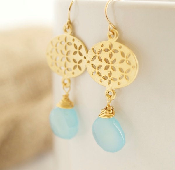 Blue Chalcedony Dangle Earrings, Wire Wrapped Earrings, Blue and Gold Dangle Earrings