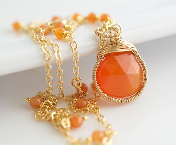 Orange Chalcedony Necklace Necklace, Gemstone Necklace, Bezel Set Necklace