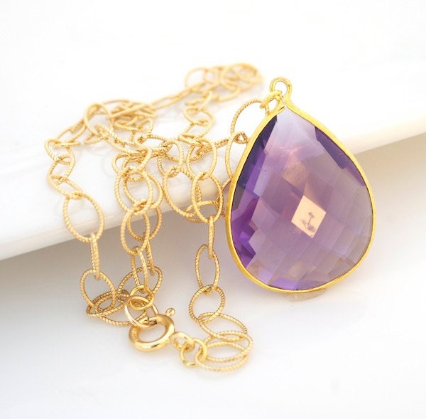 Faceted Amethyst Quartz Necklace, Amethyst Quartz Pendant Necklace, Bezel Set Necklace, Statement Necklace