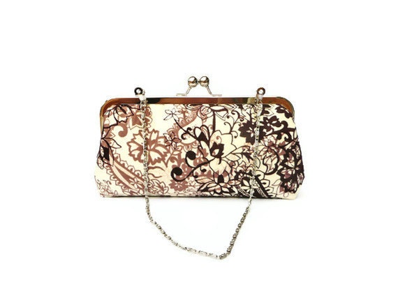 Cream Brown Clutch Flocked Floral Chicago Fine Threads Purse