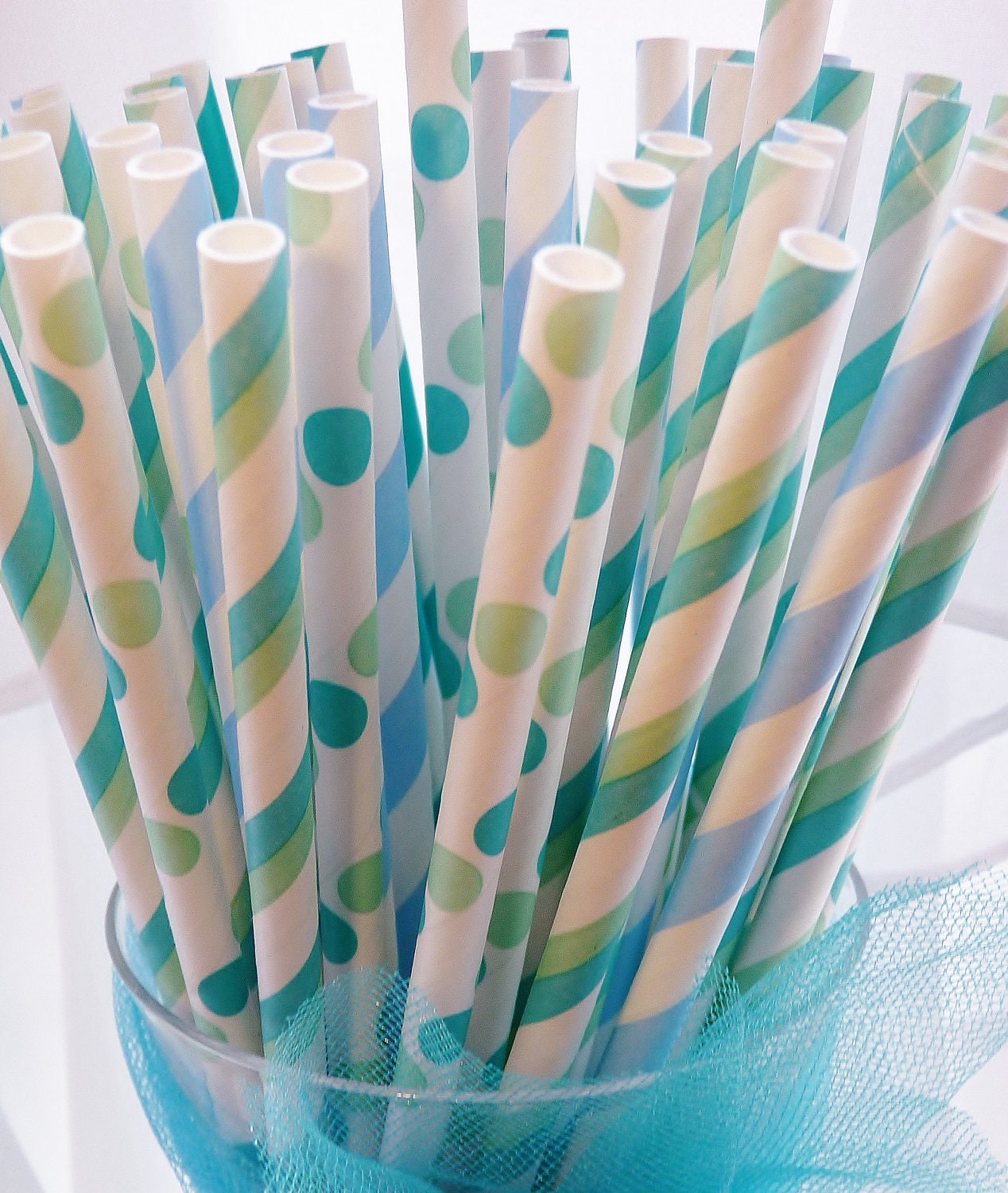 MERMAID 60 Paper Straws Princess Blue and Aqua mix of Stripes and Dots Drinking Straws, Princess, Disney, Storybook, Fairytale Il_570xn