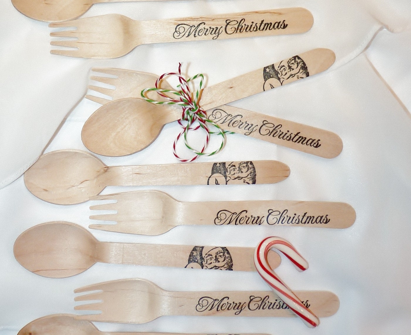 SANTA's CHRISTMAS Wood Cutlery -SeTTiNg for 4 - 8 pieces - Hand Stamped Wood Spoon & Fork HeY SANTA- Dinner is SeRvED -Christmas Party Il_570xn