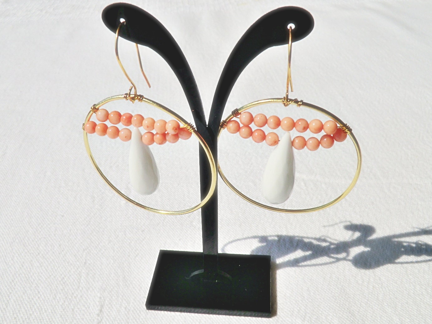 Peach coral  hoop earrings, handmade ooak, hoop earrings, peach coral beads, white jade teardrops.