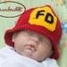 Baby CROCHETED FIREMAN Hat, Diaper Cover & Boots 4 pc Set Red, Black and Gold FD Shield