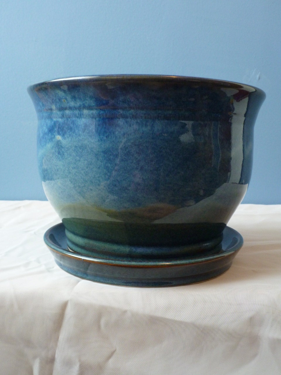 Tidal Pool Blue Large Planter With Saucer