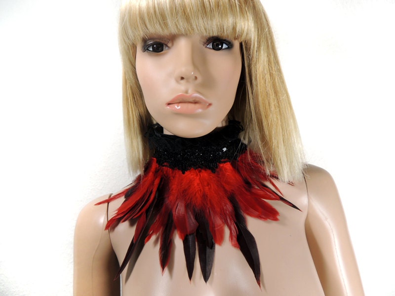 Goth red feather collar choker with lace and ruffles Burlesque