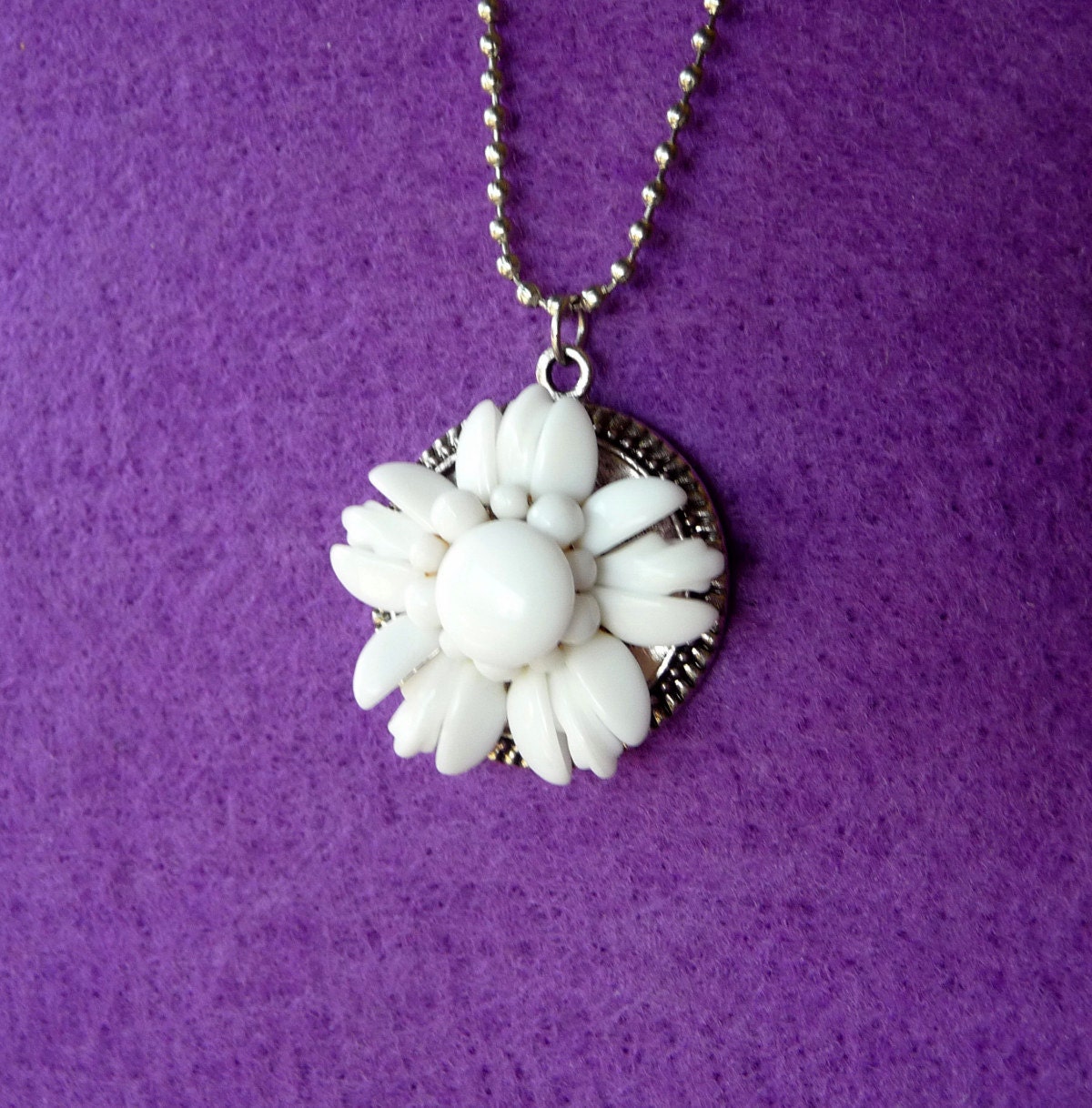 Reclaimed Milk Glass -- White Flower Necklace with Silver Chain