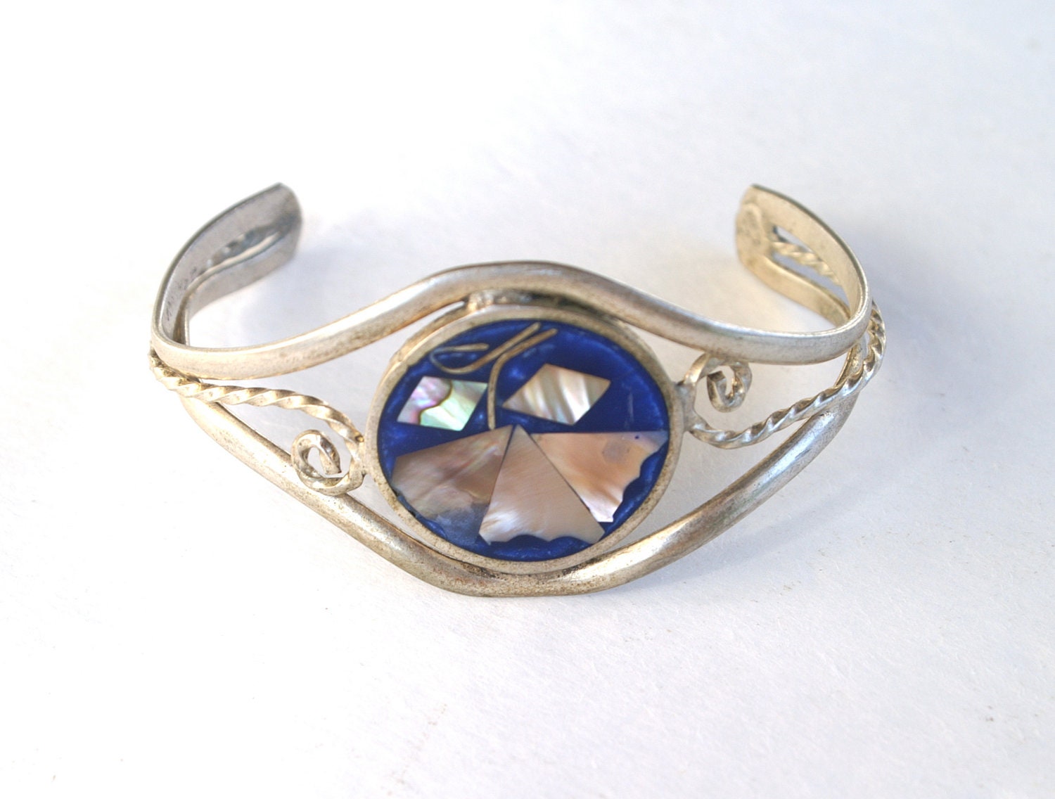 Silver Cuff Abalone Flower Bracelet Alpaca Mexico