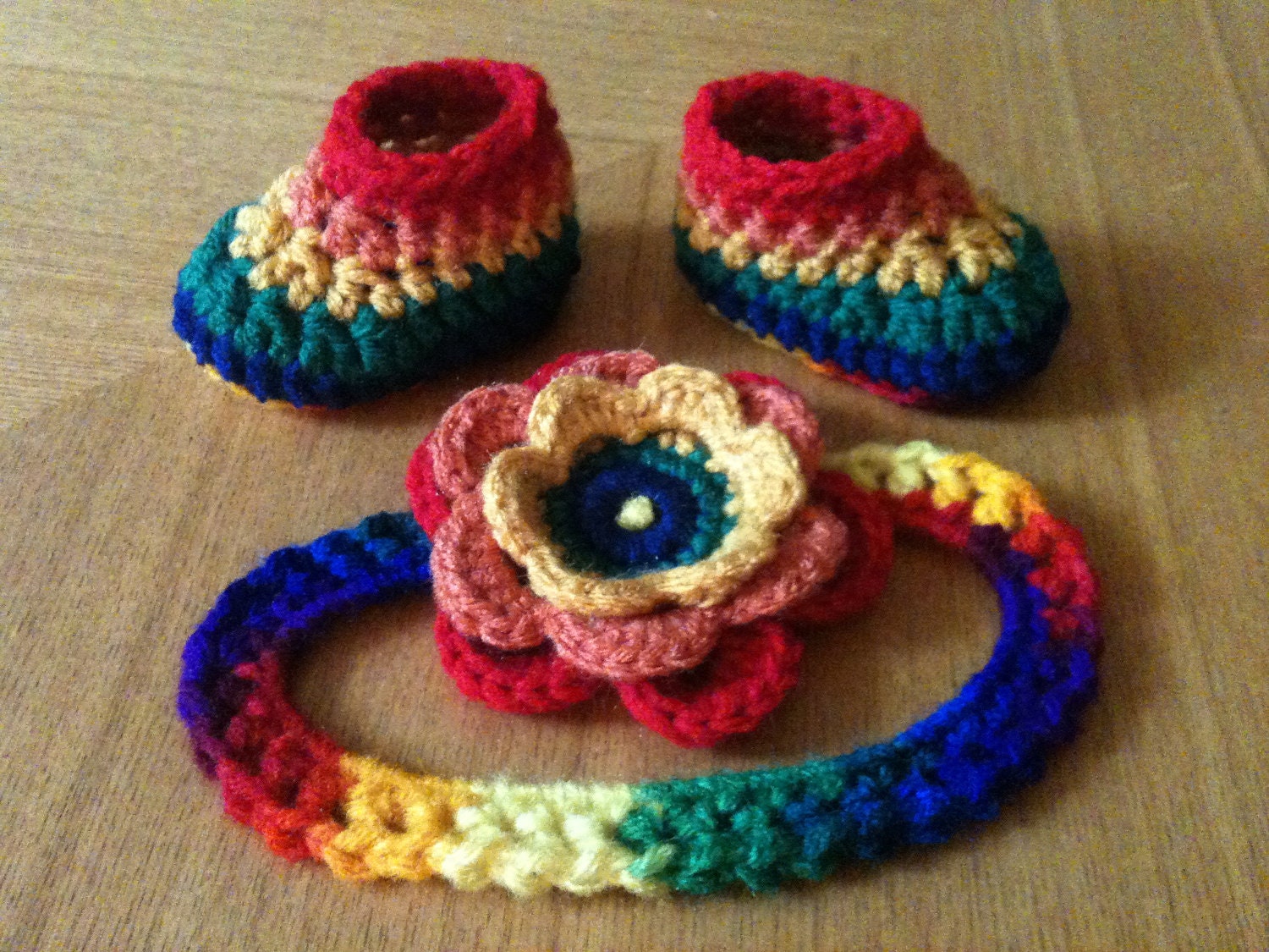 Rainbow Brite Flower Headband and Booties Set - READY TO SHIP- Newborn to 3 months- Crochet Baby Shoes and Headpiece