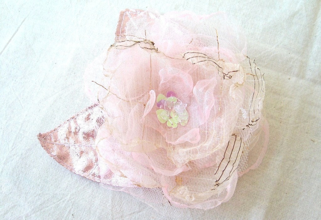 Wedding Hair Clip Pastel Pink Fairytale Organza Flower with Metalic Pink Leaves and Heart Sequin Centre by FairytaleFlower